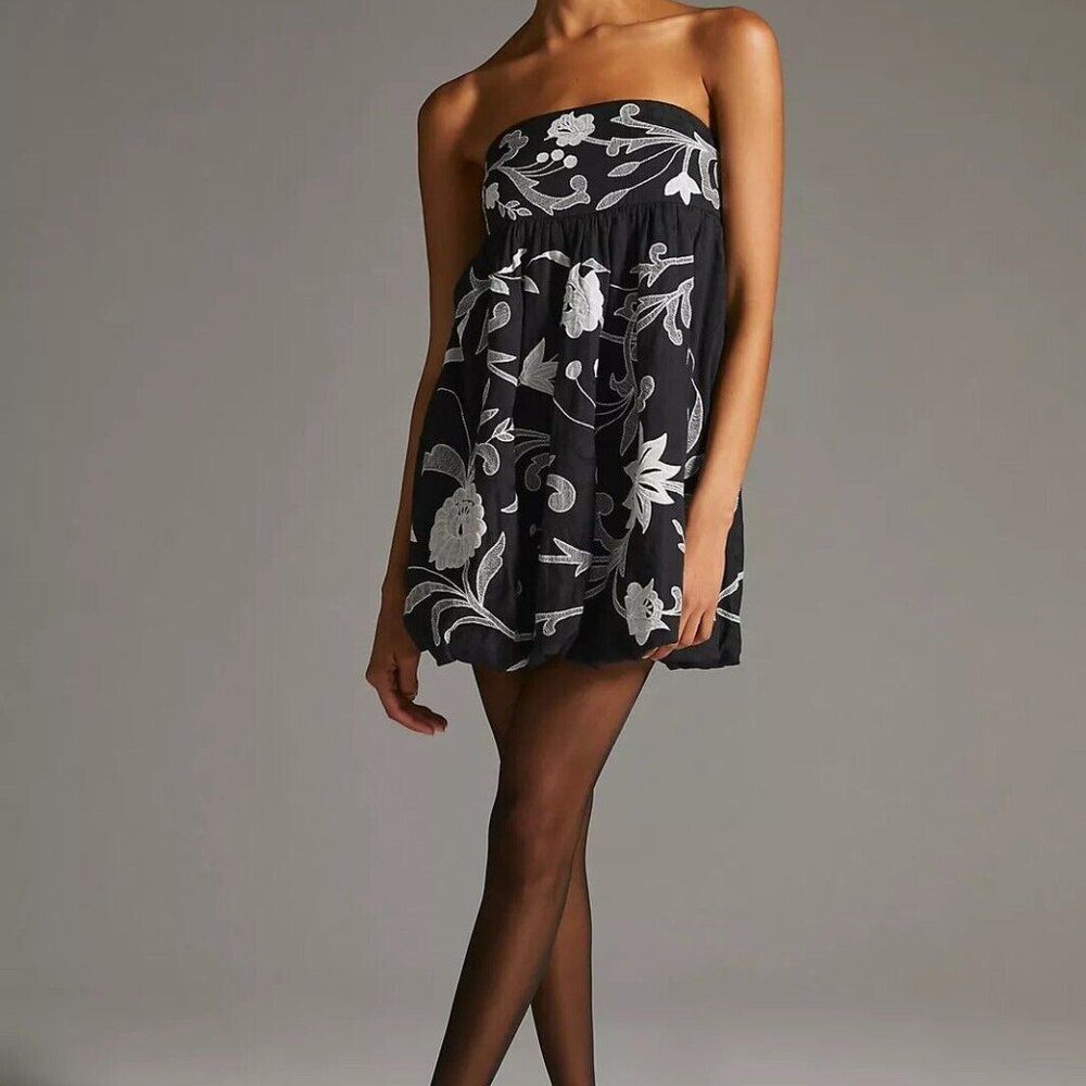 Anthropologie Maeve Strapless Embroidered Black Bow Mini Dress L MSRP$230.00